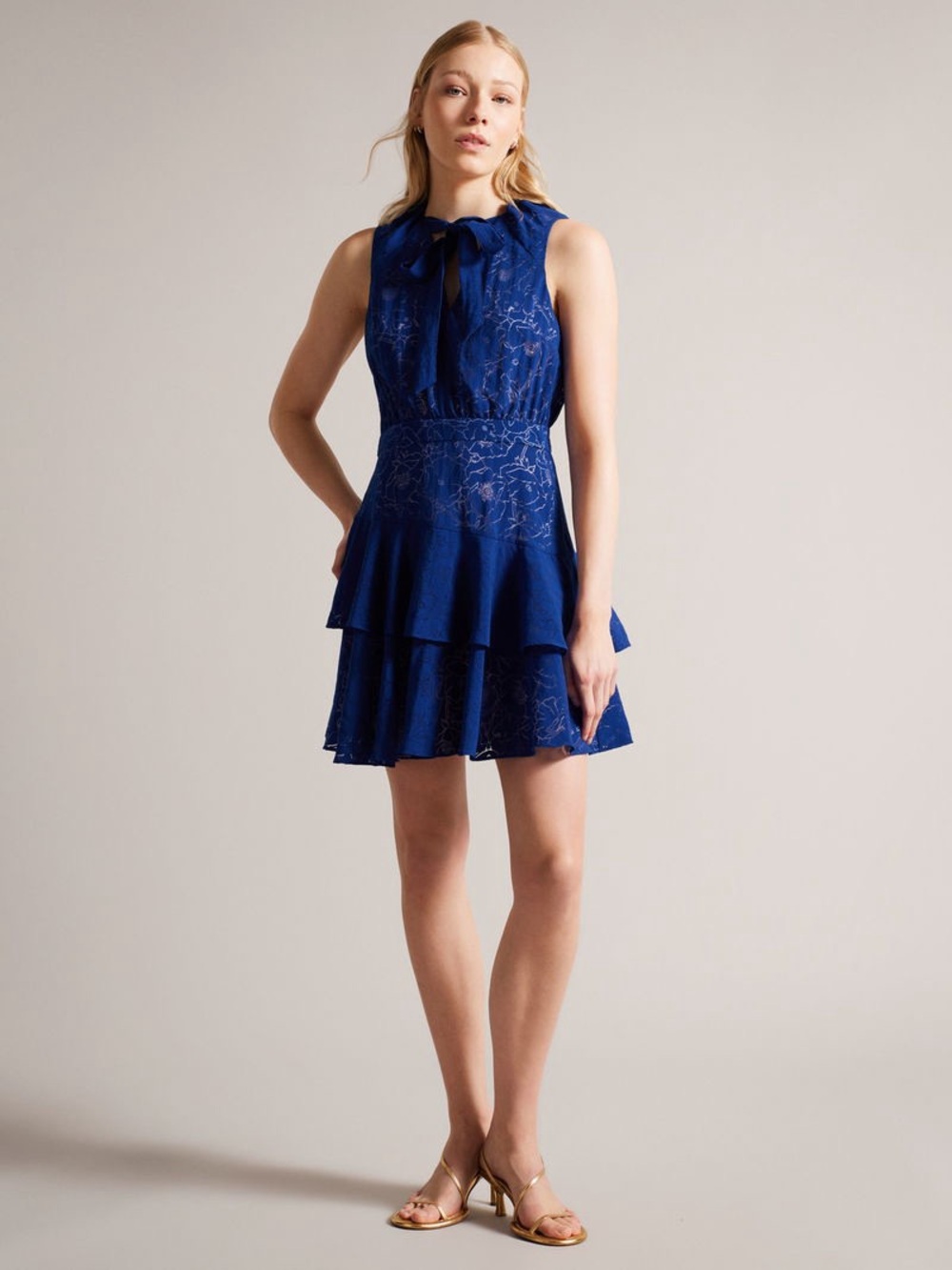 TED BAKER Timmia Asymmetric Tiered Mini Dress. Cobalt blue. Size XL - Picture 2 of 11